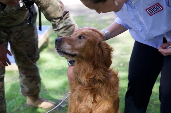 Comfort dog from USO Canine Program receives attention from service member and USO staffer.