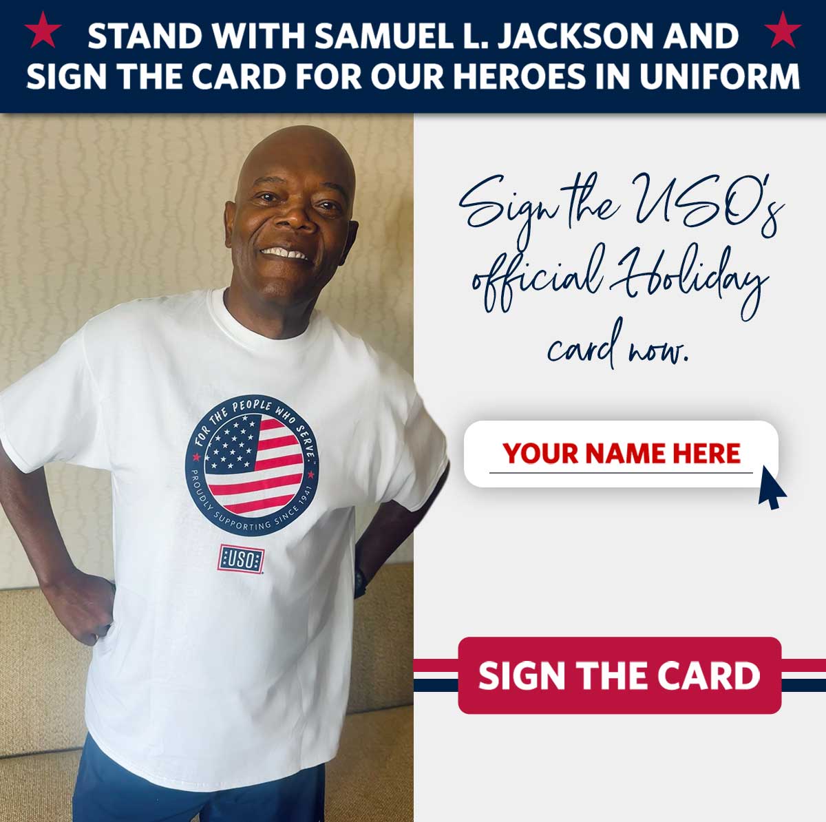 Samuel L. Jackson smiling in a USO t-shirt.