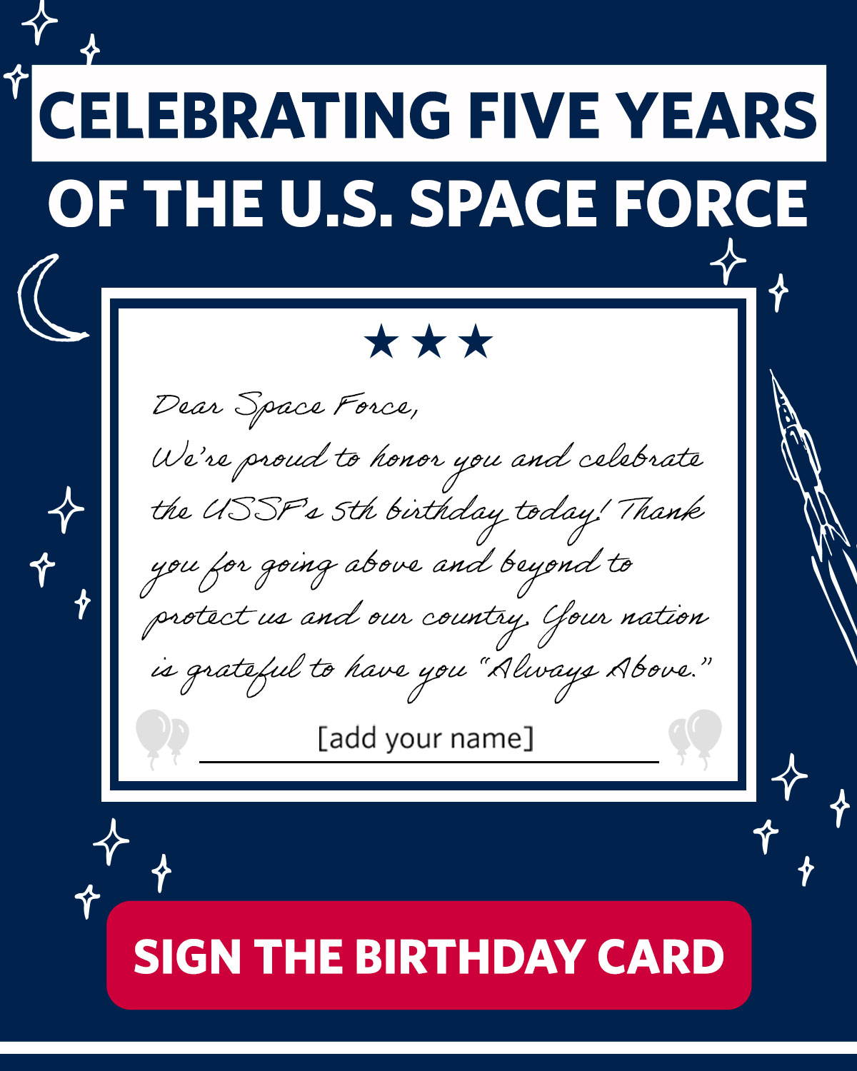 We’re proud to honor you and celebrate the USSF’s 5th birthday today! Thank you for going above and beyond to protect us and our country. Your nation is grateful to have you “Always Above.”