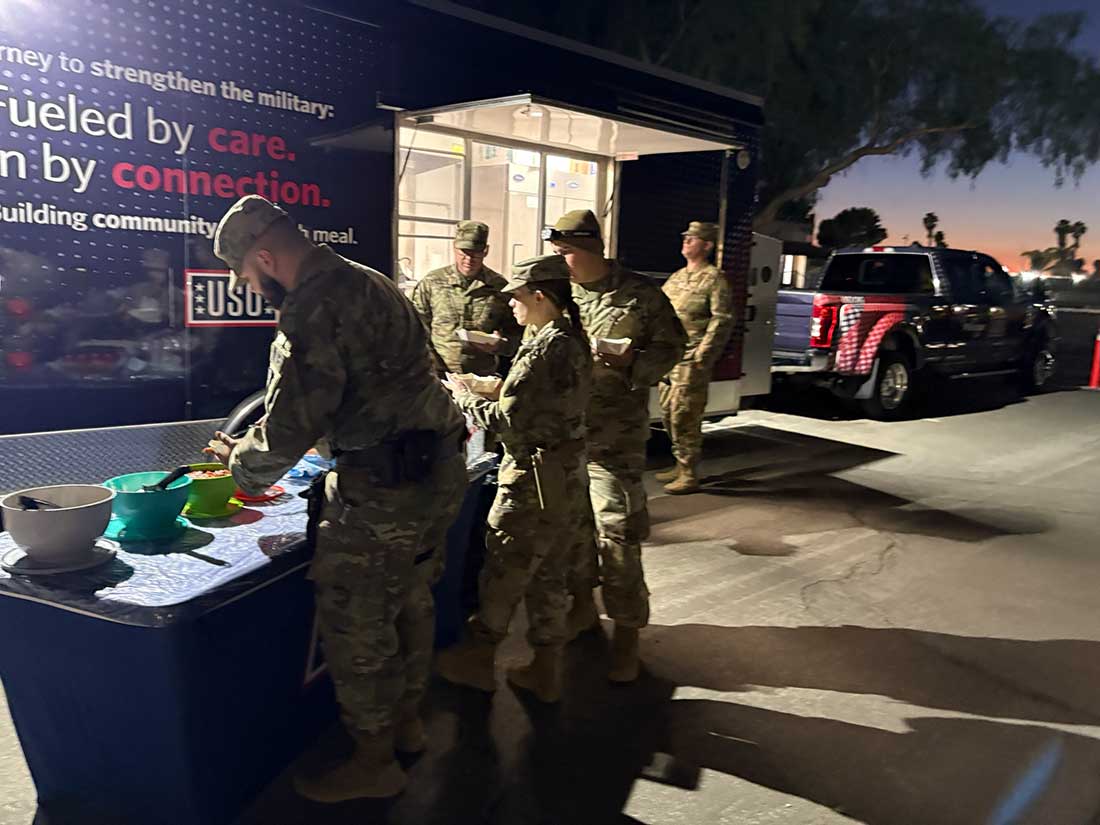 Mobile USO in the region provides service members with warm meals, water and essential supplies.