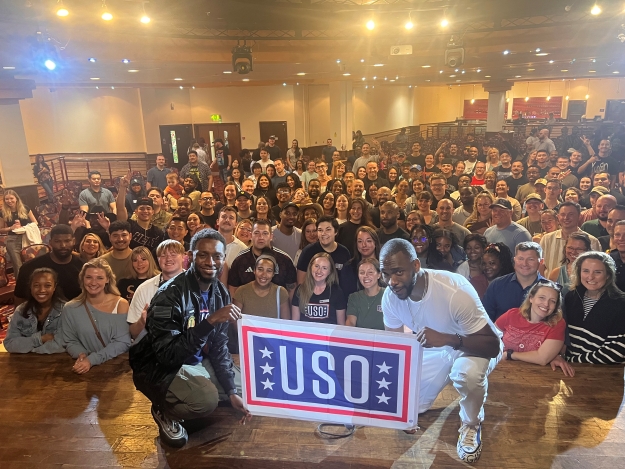 Comedians Jay Pharoah and AJ Foster joined the USO at RAF Mildenhall in the U.K.