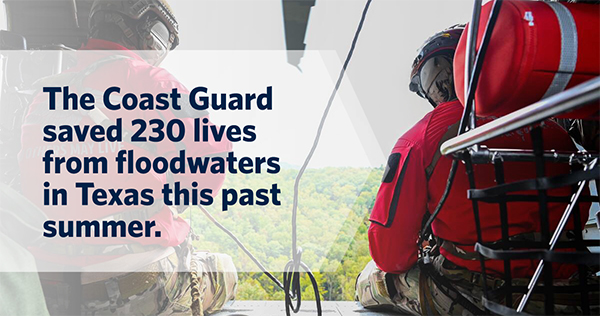 The Coast Guard saved 230 lives from floodwaters in Texas this past summer.