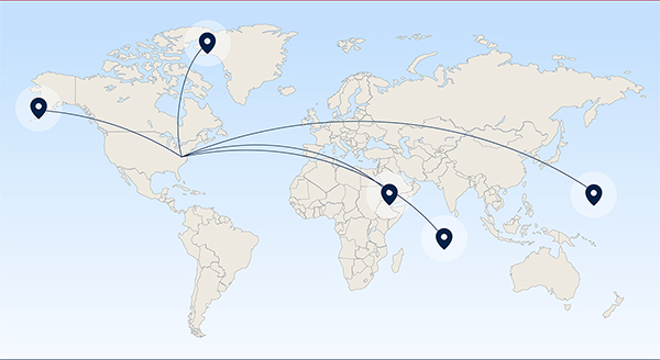 World map with location markings