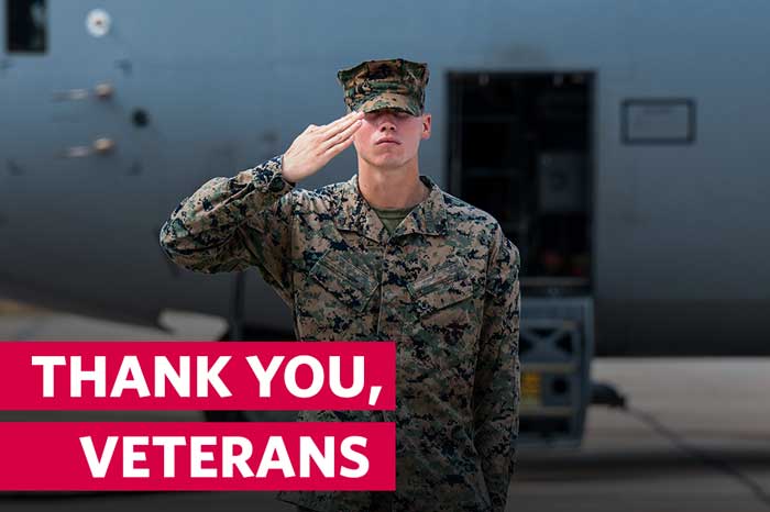 Image of service member saluting with text: Thank you, veterans