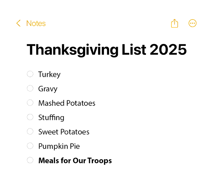 Thanksgiving List 2025: Turkey, Gravy, Mashed Potatoes, Stuffing, Sweet Potatoes, Pumpkin Pie, and Meals for Our Troops