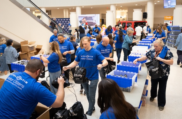 Jeep team members assembling care packages
